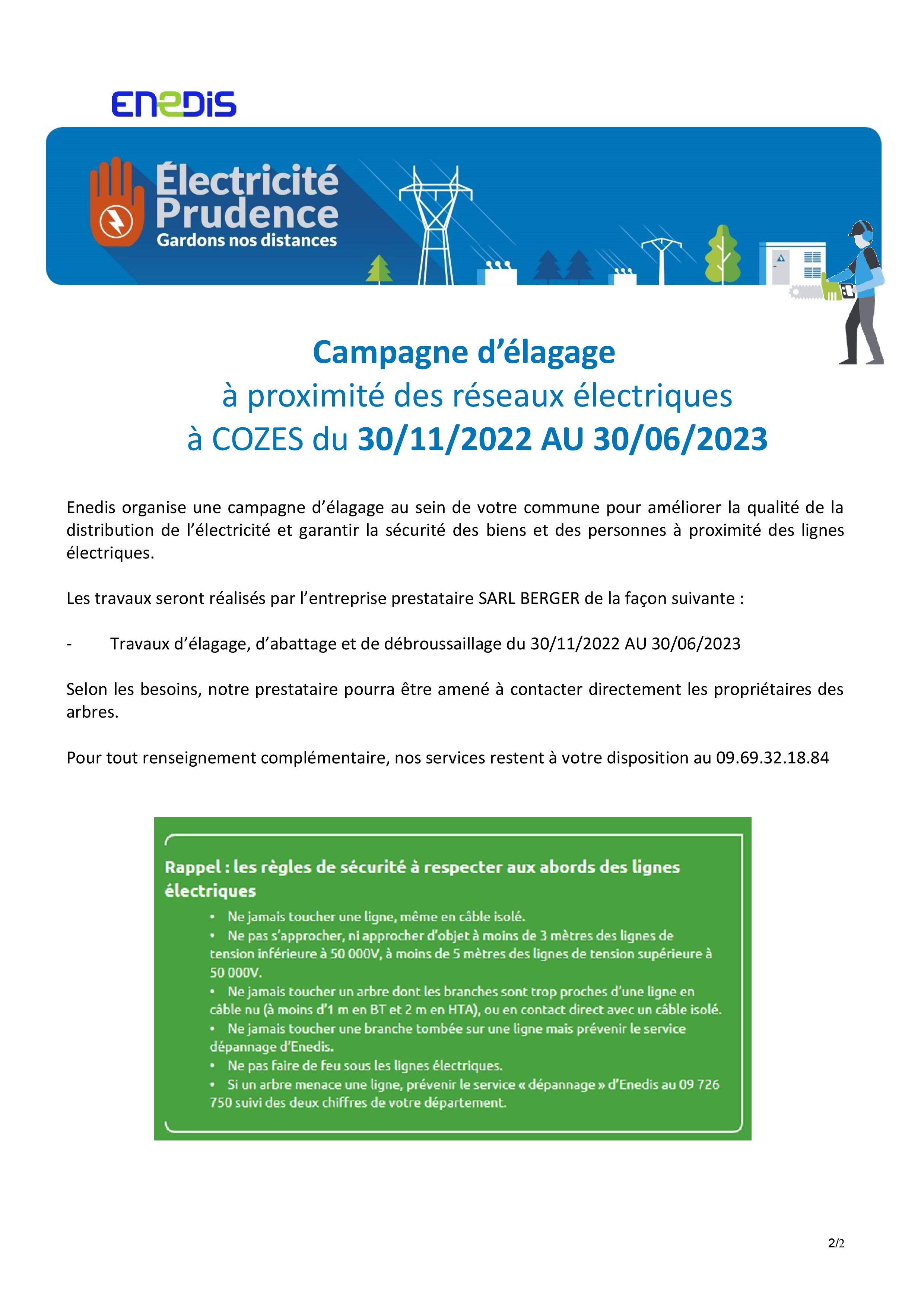 Campagne d'élagage à proximité des réseaux électriques à Cozes du 30/11/2022 au 30/06/2023